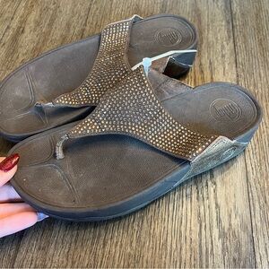 Brown rhinestone fitflop wedges